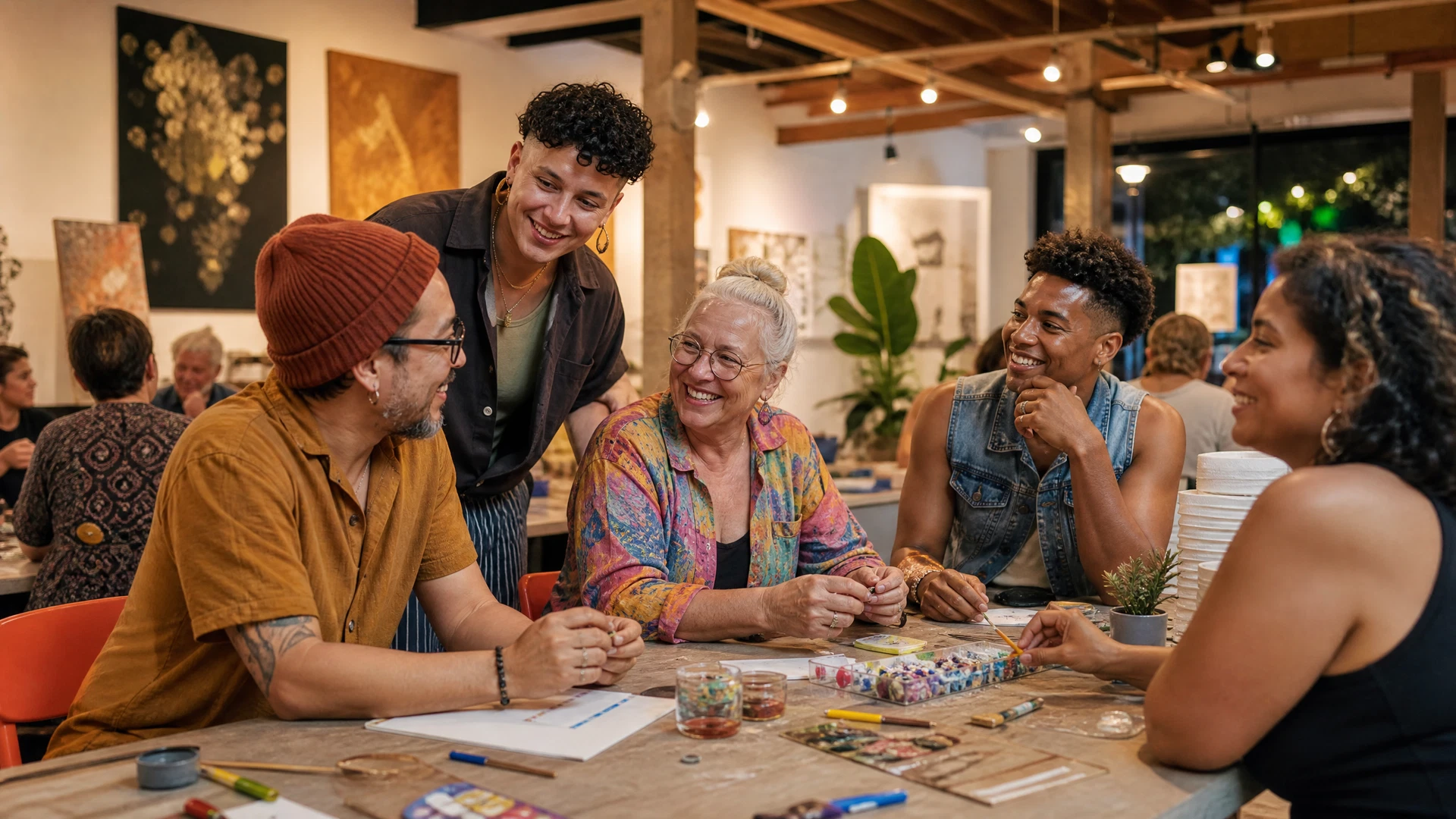 Adults sharing a creative workshop at a welcoming community arts venue.