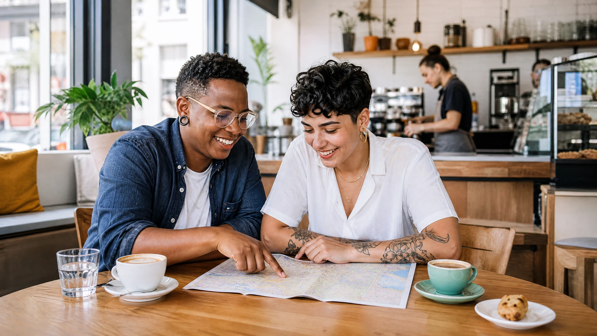 Two people meeting over coffee and looking at a neighborhood map.